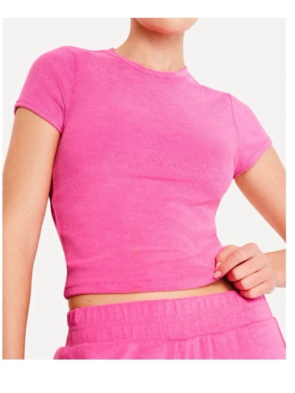 GOOD AMERICAN Pink Terry Cropped Fitted  Baby Tee Sz L Stretchy Bodycon EUC
